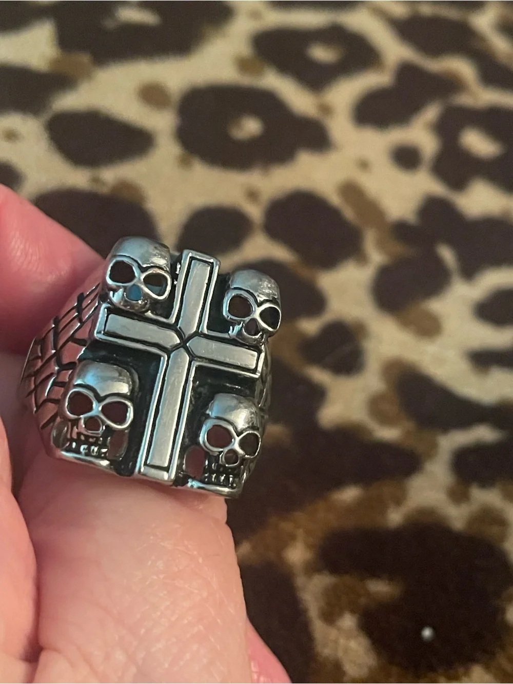 Men's Stainless Steel Cross & Skull Statement Ring Sz 14.75